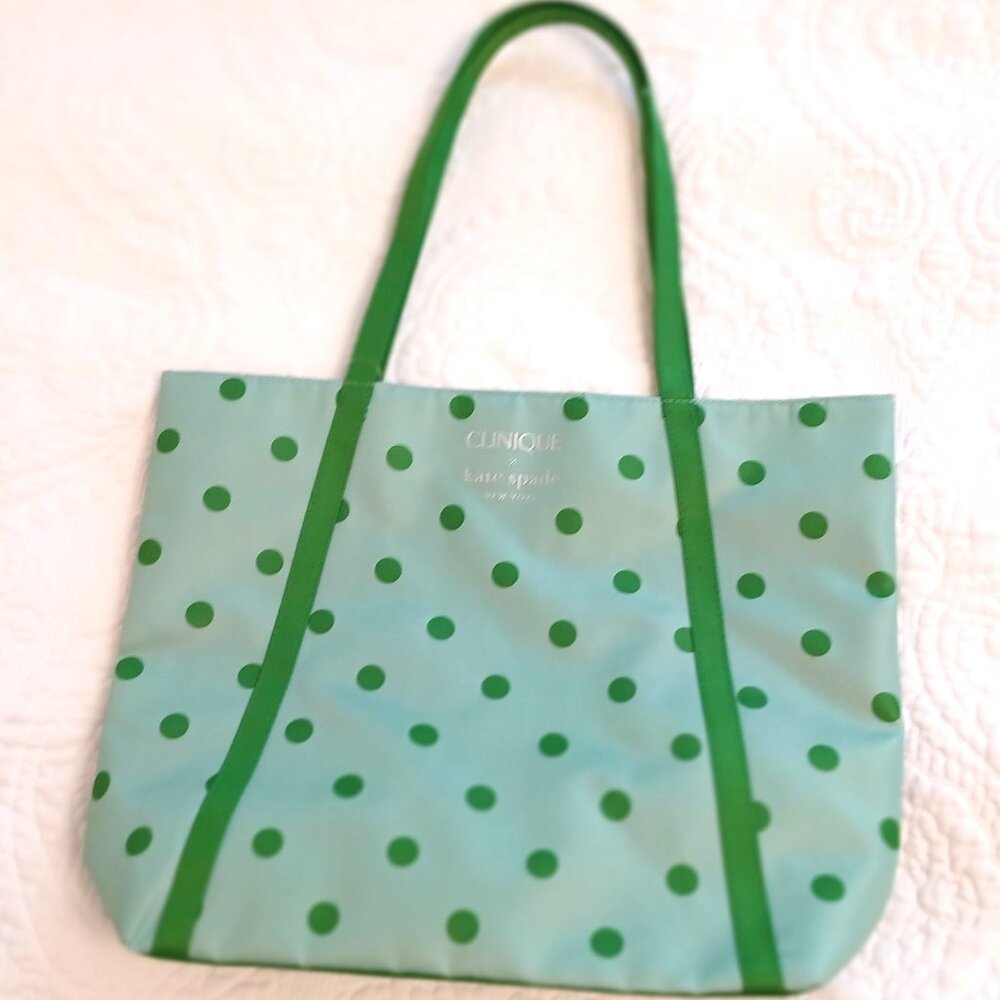 Clinique x Kate Spade Travel Shopping Tote Bag Green Polka Dots New